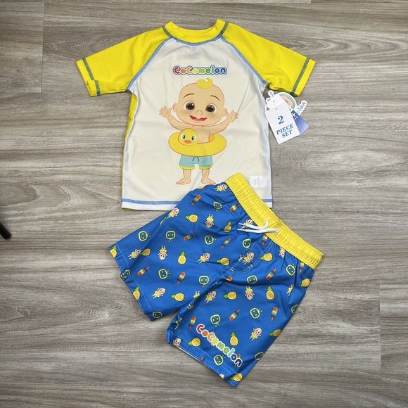 Cocomelon "JJ" Boys 2 Pc‎ Rash Guard Set 4T-Short Sleeve Top-Swim Shorts - Picture 1 of 14